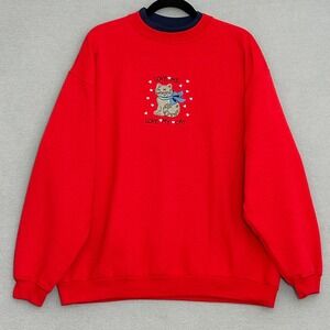 VTG 90s Womens‎ Sweatshirt XL Red Love Me Love My Cat Applique Hearts Crazy Lady